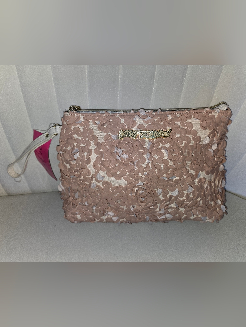 Betsey Johnson Blush Pink Floral Rosette Wristlet Clutch